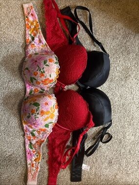 Set of Three Women's Bras - Floral Pink, Red Lace, Black Smooth